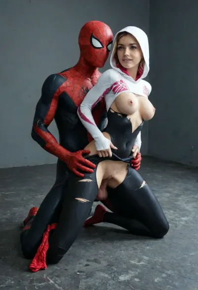 Spider Gwen, Spider Gwen costume, slim body, super slim waist, silly, bending over, torn costume, breasts naked, giant breasts, topless, (fucked by Spiderman), ((man symbiote Spiderman costume)), ((penetration anal, anal sex)), two person, full body, Symbiote, Suit, spider-man, symbiote, big cock, superhero, bodysuit, mask, spiderweb scene, Object, gd, erection, toy, large, 1boy, <lora:Symbiote Suit:.8>, <lora:Spider-Gwen:.8>, <lora:checkpoint-e18_s666:.8>, <lora:Penis_XL:.8>