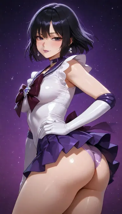 (((delicious ass cheeks))), (((brightly lit image))), 25 year old slut bitch girl of your dreams, purple sweetie wife with toned firm body, ((Sailor Saturn)), skirt, ((highly detailed face, dark eyes, lipstick)), ((costume cosplay sailor saturn dress purple satin and lace slut wife)), 38BB medium breasts, slight cleavage, slut wife, subtle smile, side pose pop hip to side, (goth:.9), (cute starry cosmic background)