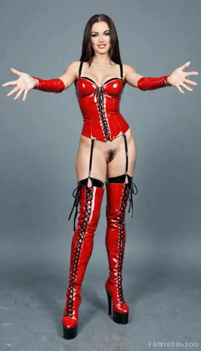 A slim, pretty brunette, naked, wearing only boots, stands with her legs slightly apart in a sexy pose with her hands on her hips. She has black pubic hair and medium-sized, firm breasts., ((The boots are high wedges with a stiletto heel, reaching mid-thigh, and are made of red latex laced with black laces and buckled straps. Fantastic boots, super detailed, high-gloss)), ., hhpointedboots, boots, <lora:hhpointedboots:1.4>, <lora:LatexID_-_Ai_Heels:1.9>, <lora:gothboots-000006:.8>