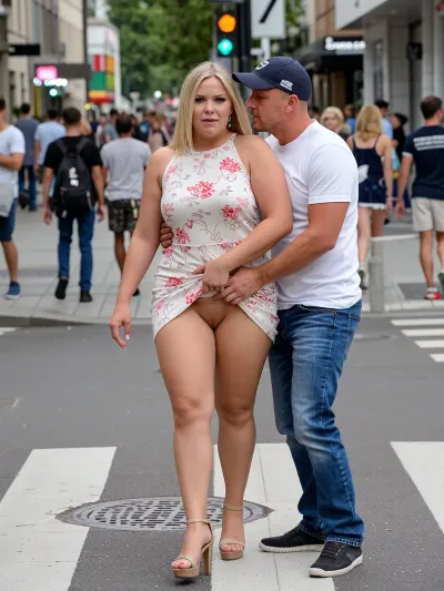 an extremely beautiful 30 years old woman, (((very voluptuous))), she is wearing a nice sleeveless short summer dress and high heeled sandals, she is walking on a busy but not crowed commercial street towards us, a man wearing a baseball cap and white t-shirt and blue jeans sneaks up behind her, he quickly pulls her skirt above her waist and immediately runs off to cross the street, the woman is embarrassed and tries to smooth her dress back down