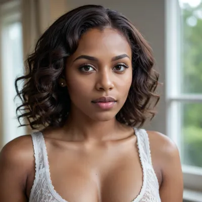 Photorealistic close-up portrait of a Black woman taken from a slightly low angle, tightly cropped from forehead to waist, centered composition. Soft natural indoor window light from the left produces gentle highlights and subtle shadows, warm neutral white balance, clear catchlights in both eyes. Dark wavy hair with loose curls and delicate flyaways frames the face, navy top with white trim visible at the neckline, big breasts. Expression calm and introspective, minimal makeup, realistic skin texture with visible pores and natural tones. Use a 50–85mm portrait lens equivalent, shallow depth of field, (f/1.8–2.8), to softly blur the background, ISO 100–200, 1/125s, high resolution. Post-processing, preserve authentic skin detail, avoid heavy smoothing, slightly enhance eyes and lashes for clarity, gently sharpen lips, subtle contrast and clarity boost, muted natural color grading, mild vignette, minimal film grain for texture. Output a high-fidelity, true-to-life photographic image with natural lighting and honest retouching., breasts, cutout, clothing, nipples, <lora:2BoutOvalSDXL2-000002:.8>