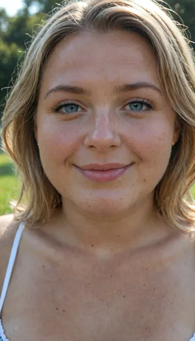 (Close up:.6), (mature chubby face:1.32), (german:1.24), gorgeous bbw face, beaty bbw, no makeup, thick lips, round face, stunning chubby face, short blonde hair, sun rays, smile, blue eyes
