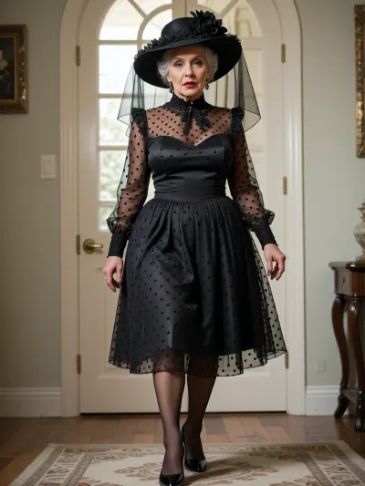 (((Helen Miller))), (((As old as she is, she is so attractive, The overall impression is of an infinitely determined strong woman who is incredibly exciting but also romantic and her clothes are ruthlessly desire-inducing:1.9))), (((ultra-vintage style:1.9))), insanely detailed, (((night:1.9))), (((nice kind beautiful extremely elder extremely aged ancient 100yo grandma:1.9))), dark-brown tanned skin, (((Precisely detailed realistic heavy wrinkled skin:1.9))), (((micro-detailed skin:1.9))), (chubby), strong glossy lipstick, (strong fancy black makeup:1.5), (((knee-length ultra-minimalist round-neckline mouring victorian whole-sheer whole-mesh transcluent party-dress with matching long sleeves))), (fully sheer knee-length polka-dotted dress), (elegant luxury wide-brim dress-matching floral hat with matching veil is covering her face), (((rimlight shines through the full-sheer full-mesh transcluent dress:1.9))), (((chiaroscuro:1.9))), matching tight-high fishnet stockings, matching high heels, eye-contact, 8K, greatly improved quality, insanely high resolution, (((pale matte color palette)))