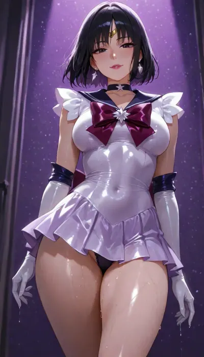 (((fluid dripping and oozing from thighs))), (((brightly lit image))), 25 year old slut bitch girl of your dreams, purple sweetie wife with toned firm body, ((Sailor Saturn)), skirt, ((highly detailed face, dark eyes, lipstick)), ((costume cosplay sailor saturn dress purple satin and lace slut wife)), 38BB medium breasts, slight cleavage, ass front view, slut wife, subtle smile, side pose pop hip to side, (goth:.9), (cute starry cosmic background)