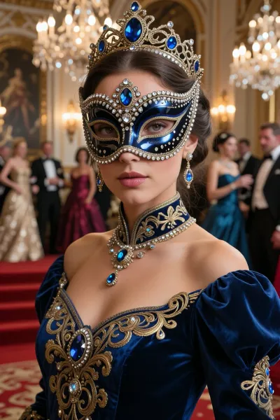 An ultra-realistic cinematic portrait of an exceptionally beautiful woman, from the chest upwards. She is standing, elegantly turned slightly in a three-quarter pose, yet looking directly into the camera. She wears a magnificent, exquisitely detailed, perfectly symmetrical masquerade half-mask, crafted from a dense, glossy dark blue and black material with a meticulously polished three-dimensional surface. The entire surface of the mask is lavishly encrusted with hundreds of tiny, sparkling diamonds, crystals and intricate gold filigree edging. Large, deep-blue sapphires are set into the central crown. A view of the shoulders and upper part of a majestic royal gown made of dark blue velvet and silk, adorned with rich gold embroidery and gemstone accents on the chest and collar. The backdrop is a sumptuous ballroom, with a strong bokeh effect, showing elegant people in evening gowns and tuxedos dancing beneath sparkling crystal chandeliers, as well as a staircase with a red carpet. A masterpiece, with photorealistic, three-dimensional cinematic lighting.