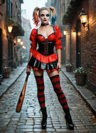 score_9, score_8_up, score_7_up, masterpiece, best quality, ultra detailed, photorealistic, 25 year old woman as Harley Quinn, medium breasts, normal ass, slim body, blonde hair with red and black tips in a messy Victorian updo with loose curls, playful intense gaze, wearing a tight steampunk-adapted Harley Quinn outfit with a red and black corset, diamond brass details, leather straps, a short bustled skirt, striped stockings, heeled boots and a brass diamond emblem on the chest, holding a wooden baseball bat with metal studs, standing in a foggy Victorian London alley with brick walls, gas lamps and cobblestones, warm gaslight mixed with cool fog, highly detailed skin, leather, brass and wood textures, erotic chaotic atmosphere, <lora:Steampunk_Concept_Art_-_XL_SDXL_V1.0:.8>