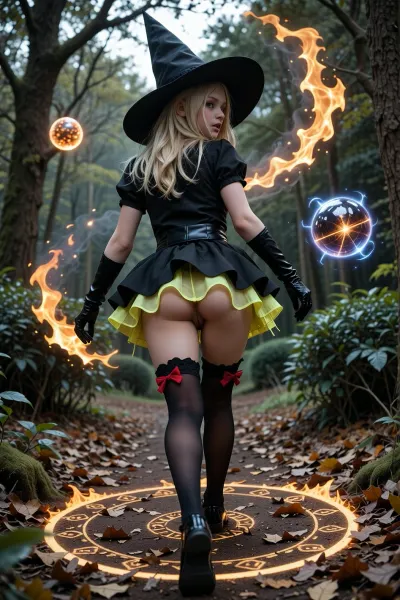 The image shows a young little cute girl late-nineten walking through a forest. Low-angle shot of 19 years little blond girl ass, perfect miniature little petite girl, very thin, ((miniature super skinny 3'7" petite cute embarrassed 19-years old girl:2)), She is wearing a black witch hat, a black short dress that exposes her tiny ass, black gloves, and black thigh-high stockings with tiny red bow. Her back is facing the camera and she is walking with her back towards the camera, short skirt fluttering up. The ground is covered in fallen leaves and there are trees and bushes in the background. The overall mood of the image is eerie and mysterious. Long legs, microskirt, extremely, short, skirt, neon yellow transparent cute panties viewed under skirt, detailed. She was dinamic attacked by magic from minotaur and her clothes is tattered torn, Epic battlefield of magic fantasy world, duel, magical, fire, magic, spell, fireball, element, ball, orb, flying using magical power while riding a big magic circle.