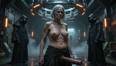 A full-body view at a distance of 4 meters from head to toe, (an aged woman, 70 years old:1.8), . Her skin is that of a 70-year-old woman. The old lady has grey hair, (Small, long, and very saggy breasts:1.8), ((very detailed skin)), . Hair cut in a bob. Naughty old very busty grandmother gets abused by her boy's big cock, High-detail photo, high-quality photo, different poses, photo studio
cinematic wide shot, two mysterious cloaked figures with singular cyclopean eyes for faces, wearing heavy dark textured robes, standing in a desolate industrial hallway, foggy and atmospheric environment, large complex metallic circular mechanical structure hanging from the ceiling above, glowing orange lights, dramatic shadows, wet floor reflecting ambient light, sci-fi concept art, dark moody aesthetic, intricate details, hyper-realistic, volumetric lighting, ominous atmosphere, 8k resolution, trending on ArtStation, sharp focus, industrial brutalism style.