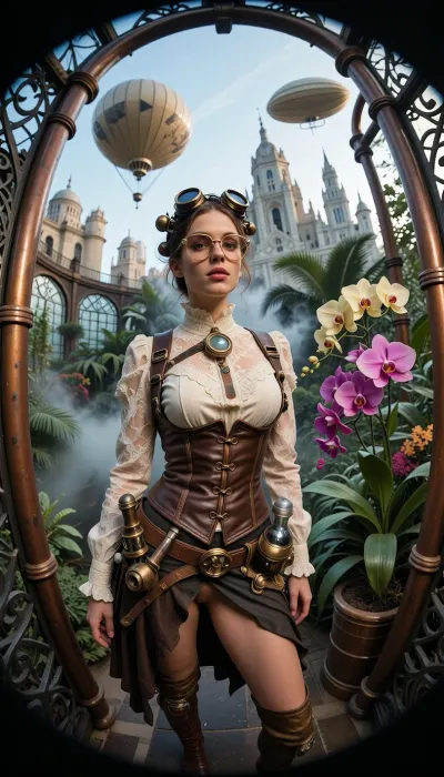 Une photographie en champ large, prise avec un objectif de 18mm en fisheye, et ultra-détaillée d'une femme botaniste au style steampunk, inspirée de l'univers de François Schuiten, et de Jule Verne. Elle est au centre d'une gigantesque serre rétrofuturiste du XIXe siècle, faite d'une structure complexe en fer forgé riveté, de tuyaux de cuivre patinés et de grands vitraux transparents.

La femme porte une tenue élaborée, un corset en cuir brun structuré avec des coutures apparentes, une blouse en dentelle écru à col montant, des lunettes de protection rétro en laiton et cuir relevées sur son front, un harnais en cuir garni de petits outils de botanique et de fioles en verre, ainsi qu'une jupe asymétrique drapée sur des bottes à boucles. Ses instruments mêlent science et alchimie.

L'intérieur de la serre, à l'architecture métallique proche de celle des gares du victoriennes, est une jungle tropicale luxuriante et moite, remplie d'immenses orchidées exotiques aux couleurs éclatantes et de fougères arborescentes. De la fine vapeur d'eau s'échappe de tuyaux en laiton, créant une brume atmosphérique traversée par des rayons de lumière dramatiques. On voit À travers les vitres légèrement embuées de la serre, on aperçoit en arrière-plan une cité monumentale à l'architecture vertigineuse, mêlant le style steampunk, les bâtiments démesurés de metropolis et le Bauhaus. Dans le ciel nuancé d'une fin d'après-midi, plusieurs majestueux zepellins en dérivent doucement entre les spires des bâtiments rappelant ceux du film metropolis. Éclairage cinématographique en clair-obscur, grain de pellicule 35mm, textures hyperréalistes du verre, du métal, de la peau et de la végétation.