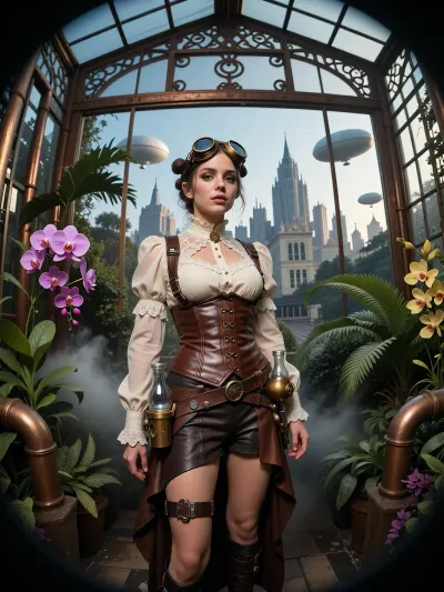 An ultra-detailed, extra wide-angle photograph—shot with an 18mm fisheye lens—featuring a steampunk-style female botanist inspired by the worlds of François Schuiten and Jules Verne, in a greenhouse.

She stands at the center of a gigantic, retro-futuristic 19th-century greenhouse, constructed from a complex framework of riveted wrought iron, patinated copper piping, and large, clear glass panes.

The woman wears an elaborate outfit, a structured brown leather corset with visible stitching, an ecru lace blouse with a high collar, retro brass-and-leather goggles pushed up onto her forehead, a leather harness fitted with small botanical tools and glass vials, and an asymmetrical skirt draped over buckled boots. Her instruments blend science and alchemy.

The greenhouse interior—featuring metal architecture reminiscent of Victorian railway stations—is a lush, humid tropical jungle filled with immense, brilliantly colored exotic orchids and tree ferns. Fine mist escapes from brass pipes, creating an atmospheric haze pierced by dramatic shafts of light.

Through the greenhouse's slightly fogged windows, a monumental city is visible in the background, blending steampunk aesthetics, the colossal buildings of *Metropolis*, and Bauhaus design. In the late-afternoon sky, several majestic zeppelins drift gently between spires reminiscent of those in the film *Metropolis*.

Cinematic chiaroscuro lighting, 35mm film grain, and hyper-realistic textures of glass, metal, skin, and vegetation.
