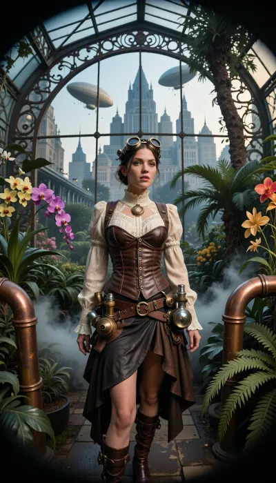 An ultra-detailed, wide-angle photograph—shot with an 18mm fisheye lens—featuring a steampunk-style female botanist inspired by the worlds of François Schuiten and Jules Verne, in a greenhouse.

She stands at the center of a gigantic, retro-futuristic 19th-century greenhouse, constructed from a complex framework of riveted wrought iron, patinated copper piping, and large, clear glass panes.

The woman wears an elaborate outfit, a structured brown leather corset with visible stitching, an ecru lace blouse with a high collar, retro brass-and-leather goggles pushed up onto her forehead, a leather harness fitted with small botanical tools and glass vials, and an asymmetrical skirt draped over buckled boots. Her instruments blend science and alchemy.

The greenhouse interior—featuring metal architecture reminiscent of Victorian railway stations—is a lush, humid tropical jungle filled with immense, brilliantly colored exotic orchids and tree ferns. Fine mist escapes from brass pipes, creating an atmospheric haze pierced by dramatic shafts of light.

Through the greenhouse's slightly fogged windows, a monumental city is visible in the background, blending steampunk aesthetics, the colossal buildings of *Metropolis*, and Bauhaus design. In the late-afternoon sky, several majestic zeppelins drift gently between spires reminiscent of those in the film *Metropolis*.

Cinematic chiaroscuro lighting, 35mm film grain, and hyper-realistic textures of glass, metal, skin, and vegetation.