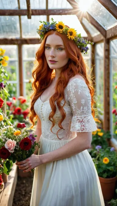 Small greenhouse, small wood pains, all windows, bright sunlight coming through, no solid walls, all kinds of colorful flowers growing, 30 somthing woman, long red hair, snow white dress, flower crown, sun shining on her face, glistening skin, picking flowers for a bouquet