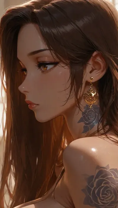 Close up, Portrait, beautiful Filipina, instagram model, 25 years old, perfect mode portrait, long black tousled hair, high pony tail high hair, eye contact, perfect large eyes, ((side view)), pulld, neck rose tattoo, deep large cleavage with massive breasts, <lora:attractive_notrigger:1.7>, <lora:BUT_SDXL_SHS:2>, <lora:Vivid Midjourney mimic - XL SDXL v2.0:.5>, <lora:add-detail-xl:1.6>, <lora:dark:.1>