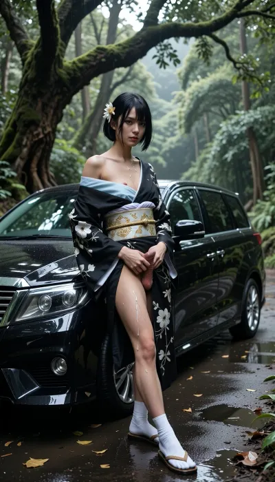 testicles, futanari, nipples, penis, veins, precum runs down penis, long_hair, black_hair, hard erection, massive precum, looking_at_viewer, veiny_penis, uncensored, realistic, shiny_skin, shiny, photorealistic cinematic Japanese fashion portrait, adult Japanese otokonoko, biologically male with male anatomy but an overwhelmingly feminine appearance, beautiful feminine Japanese face, delicate features, soft jawline, large dark eyes, subtle blush, natural eyeliner, muted rose-pink lips, short straight black bob haircut with long bangs framing the face, slightly tousled black hair, elegant feminine presentation, clearly adult and mature appearance.

Standing beside a glossy black Japanese luxury sedan on a narrow wet forest road, slightly leaning against the car, looking directly at the camera with a calm, mysterious, slightly melancholic expression. Wearing an elegant black traditional Japanese kimono with intricate white floral patterns, pale light-blue inner layer, elaborate gold-and-cream obi with detailed traditional patterns, delicate white and gold floral hair ornaments, traditional white tabi socks and Japanese zori sandals. Natural kimono folds, realistic fabric texture and detailed embroidery.

Large glossy black luxury sedan behind the character, long elegant proportions, chrome grille, clear headlights, dark tinted windows, silver multi-spoke wheels, realistic reflections on the polished black paint.

Lush Japanese woodland, dense mature trees, thick green foliage, large branches forming a canopy, moss and vegetation, secluded Japanese garden atmosphere. Wet asphalt after rainfall, subtle puddles, scattered wet leaves and natural debris. Overcast post-rain lighting, soft diffused daylight through the trees, cool green ambient tones, atmospheric haze, deep natural shadows, cinematic contrast.

High-end Japanese fashion and automotive editorial photography, full-body environmental portrait, eye-level camera with subtle low-angle perspective, subject slightly left of center, car extending across the frame, cinematic composition, 85mm full-frame lens, realistic shallow depth of field, natural bokeh, highly detailed skin and hair, authentic kimono texture, realistic metallic reflections and wet surfaces, sophisticated cinematic color grading, deep emerald foliage, black vehicle, cool shadows, warm gold obi accents, photorealistic, ultra detailed, 8k, HDR.