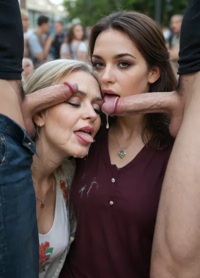 multiple girls, 1man, 1cock, (kneeling granny Mom and young little 1Stepdaughter doing blowjob), licking 1cock, perfect small tongue, (standing full clothes 1man in business clothes:1.4), (different ages:1.8), (cum dripping from cock:1.7), oral, penis, group sex, fellatio, ffm threesome, threesome, 1boy, 2girls, hetero, blonde hair, brunette hair, cooperative fellatio, closed eyes, excessive jewelry, ultra Strong makeup, nude, uncensored, breasts, necklace, exaggeratedly long hair, eyeshadow, erection, teamwork, dark skin, outdoor in living public park, crowd of people, hands behind heads, bukkake, cum, <lora:MS_Real_XL_Bukkake:2>, <lora:detailed_notrigger:2>