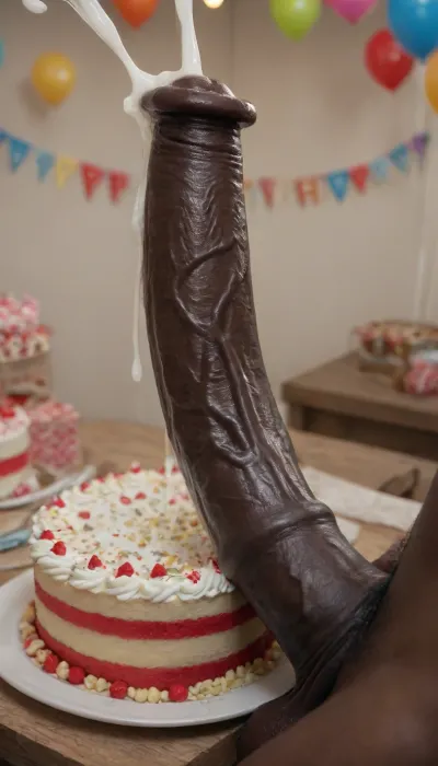 Birthday party. A black African a giant black veiny equine erect hyper-cock masturbating cumming ejaculating on a birthday cake. Up close.