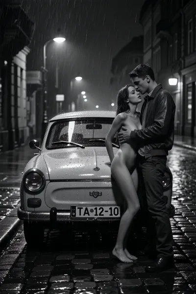 Photorealistic black and white street scene, East Berlin 1980, a lonely cobblestone street at night in the GDR. Rain falls steadily and leaves the street slick, reflective and uneven. The entire setting feels underlit and neglected. Authentic DDR atmosphere. Far too few street lamps. Large stretches of darkness between weak pools of light. Oppressive low-key lighting, deep blacks, strong contrast, rich grayscale tonal separation. Fine film grain, subtle mist and rain haze. a historically accurate Trabant 601, model year 1979, highly detailed and historically accurate, wet bodywork, rain droplets on the paint, realistic chrome details, windshield wipers, window reflections, and visible texture on the glass. A historically accurate East German license plate reading, "TA 12-10", black embossed letters on a white metal plate, no modern EU stripe. slightly dirty and rain speckled, In the prominent foreground stands in hard rain is a detailed couple in front of the Trabant, the woman, 25 years old, and the man, 23 years old. Fucking together doggystyle in an naughty, horny moment. Their faces, clothing, skin texture and hair rendered with high detail. The foreground details remain clearly visible, the wet cobblestones, the Trabant surfaces, reflections in the glass and the couple's expressions. The mood is melancholic, intimate and cinematic. With a sense of isolation, quiet romance and historical authenticity. Masterpiece. Ultra-detailed, highly atmospheric, realistic textures, strong depth, documentary realism, premium composition.