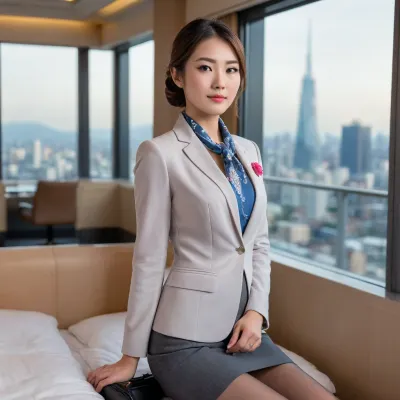 One young Japanese flight attendant, (age 22–28), authentic native Japanese woman, completely unique facial identity, realistic Japanese facial features, realistic individuality, authentic Japanese beauty, not celebrity, not idol, not AI clone, elegant oval face, soft feminine jawline, warm almond-shaped dark brown eyes, naturally shaped eyebrows, small straight nose, soft natural pink lips, subtle natural facial asymmetry, healthy fair skin, authentic Japanese genetics.

Medium-length chestnut-brown hair neatly tied into a professional low bun with side-swept bangs, a few soft face-framing strands, elegant Japanese cabin crew hairstyle.

Natural Japanese makeup, soft brown eyeshadow, delicate eyeliner, naturally curled eyelashes, subtle peach blush, glossy nude pink lips, realistic skin texture with visible pores.

Wearing a premium Japanese airline cabin crew uniform, tailored light gray blazer, sky-blue dress shirt, blue neck scarf with floral pattern, charcoal gray fitted pencil skirt, sheer black pantyhose, matte black leather pumps, gold name badge, professional business attire.

Sitting naturally on the edge of a neatly made hotel bed, hands resting beside the body for support, knees together, feet placed naturally on the floor, shoulders slightly relaxed, calm and thoughtful expression, looking gently toward the camera, realistic candid moment after work.

Modern executive hotel room, panoramic night city skyline through a large window, white bedding, contemporary furniture, travel suitcase and business bag beside the bed, warm ambient lighting, luxury business hotel atmosphere.

Soft warm hotel lighting mixed with cool city lights from the window, cinematic commercial lighting, realistic reflections, shallow depth of field, creamy background bokeh, photorealistic, ultra realistic, masterpiece, best quality, highly detailed, realistic skin pores, premium airline lifestyle editorial, Japanese travel magazine, Sony A7R V, FE 85mm F1.4 GM II, 85mm portrait lens, f/1.8.