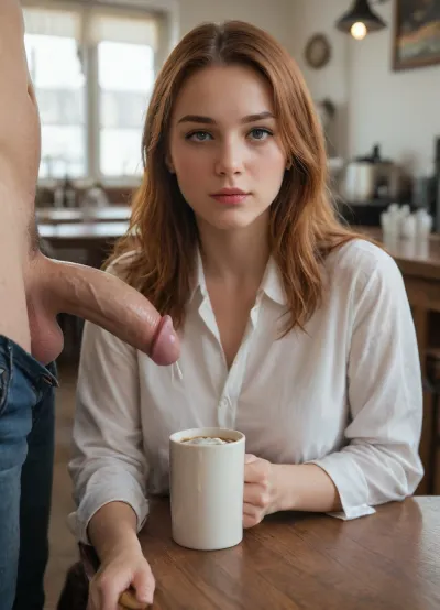 A wide front shot of a coffee bar. A fully clothed ginger woman in a white business shirt is sitting at a table. Standing right next to her, a completely naked man is positioning his erect penis directly above her white porcelain cup. A stream of white semen is actively flowing and dripping directly from the glans of the penis down into the inside of the cup. Extreme close-up interaction on the cup, showing the fluid landing inside it. Both subjects are side by side in the frame