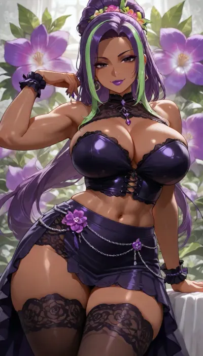 (((brightly lit image))), 25 year old dark skinned slut bitch Filipina girl of your dreams, purple sweetie wife with toned firm body, ((cutie sweetheart girl next door)), skirt, green white highlights on purple hair ponytail, (purple hair), ((highly detailed face, dark eyes, lipstick)), (((diverse floral background tropical orchid:1.2))), ((purple goth satin lace and chains slut wife)), 38BB breasts inside extremely tight floral pink crop top, slight cleavage, ass front view, goth slut wife, subtle smile, floral top, lace skirt, pose pop hip to side