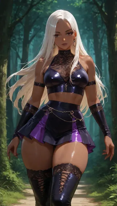 25 year old dark skinned Filipina wife beautiful gorgeous ready for sex, ((dynamic action pose portrait legs)), petite athletic muscular body, purple goth badass witch, ethereal forest whimsy aesthetic, short nano skirt, goth lace and satin