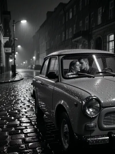 Photorealistic black and white street scene, East Berlin, 1980, a lonely cobblestone street at night in the DDR, rain falls steadily and leaves the street slick, reflective and uneven, the entire setting feels underlit and neglected, authentic DDR atmosphere, far too few street lamps, large stretches of darkness between weak pools of light, oppressive low-key lighting, deep blacks, strong contrast, rich grayscale tonal separation, fine film grain, subtle mist and rain haze, in the foreground stands a Trabant 601, model year 1979, highly detailed and historically accurate, with wet bodywork, rain droplets on the paint, realistic chrome details, windshield wipers, window reflections and visible texture on the glass, beside and partially framed through the windows of the Trabant is a young couple, the woman, 25 years old, and the man, 23 years old, standing close together in an intimate, tender moment, their faces, clothing, skin texture and hair rendered with high detail, the foreground details remain clearly visible, including the wet cobblestones, the Trabant surfaces, the reflections in the glass and the couple’s expressions, the mood is melancholic, intimate and cinematic, with a sense of isolation, quiet romance and historical authenticity, masterpiece, ultra detailed, highly atmospheric, realistic textures, strong depth, documentary realism, premium composition