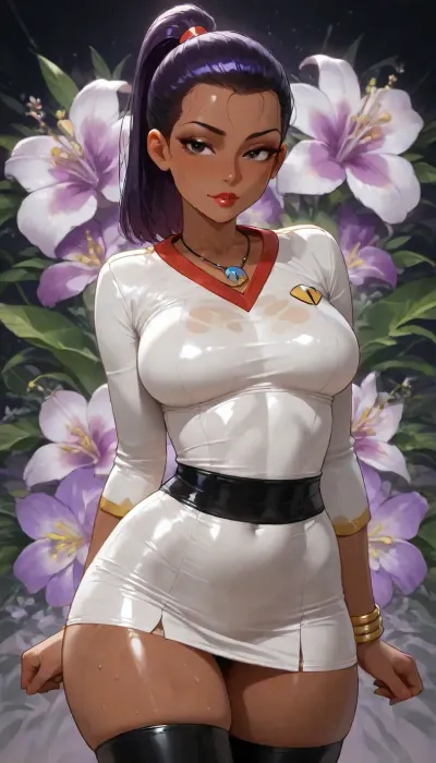 (((brightly lit image))), 25 year old dark skinned bitch Filipina girl of your dreams, purple sweetie wife with toned firm body, ((cutie sweetheart girl next door)), green white highlights on purple hair ponytail, (purple hair), ((highly detailed face, dark eyes, lipstick)), (((diverse floral background tropical orchid:1.2))), ((slut star trek atom punk)), extremely tight white uniform, medium breasts, wet thighs, cute necklace, bracelets, black stockings