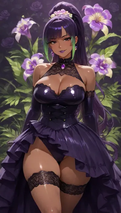 (((brightly lit image))), 25 year old dark skinned slut bitch Filipina girl of your dreams, purple sweetie wife with toned firm body, ((cutie sweetheart girl next door)), skirt, green white highlights on purple hair ponytail, (purple hair), ((highly detailed face, dark eyes, lipstick)), (((diverse floral background tropical orchid:1.2))), ((dress purple goth satin and lace slut wife, short hem show butt cheeks from the front)), 38BB medium breasts, slight cleavage, ass front view, slut wife, subtle smile, floral top, lace skirt, pose pop hip to side