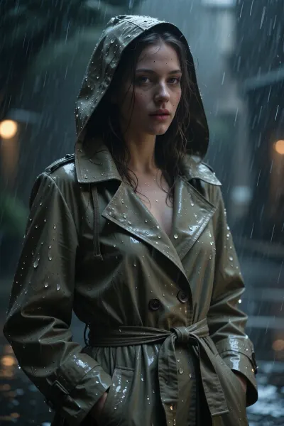 a woman wearing raincoat, in the style of detailed atmospheric portraits, uhd image, serene faces, dotted, whole body, romantic chiaroscuro, classical portraiture