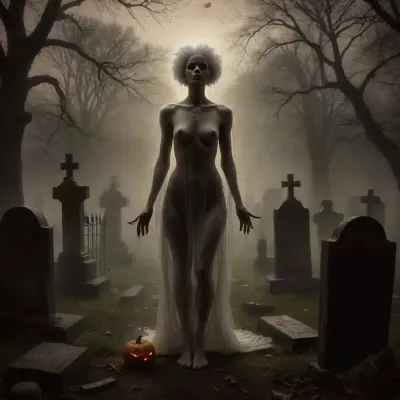 score_9, 1 ghastly female, about 33, very thin, is naked, ghost white skin, in a very foggy 1200's church graveyard, camera view is set far back, 32k image, floating in air, has no legs, ghostly form with no legs, perfect hands with long claw nails, no legs, no feet, ghostly form, floating, very skinny ghastly shape, completely naked, no hair, white ghostly afro hair, blood dripping from claws, evil demonic red eyes with a hollow empty feel, 34C cup breasts, medium size breasts, ghostly white boobs and nipples, everything about the ghost is ghastly and greyish white, raining heavy, old england graveyard, many ancient, tombstones, skeletal hands popping out of a few spots in background, scary environment, very spooky feel, cemetery, graves, pumpking, bats, <lora:Halloween Series_ Spooky Cemetery_epoch_5:.8>, 33r13, c3m3t3ry, <lora:33r13_c3m3t3ry:.8>, ghost, person, <lora:ghosts person 1a:.8>, ais-ghostly, <lora:Ghostly_Style_SDXL:.8>, <lora:Spectral_Photography-000002:.8>
