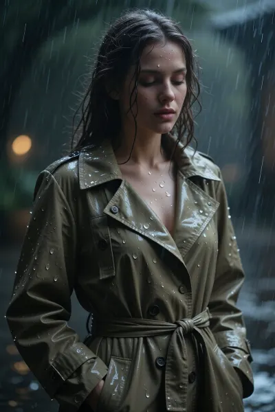 a woman wearing raincoat, in the style of detailed atmospheric portraits, uhd image, serene faces, dotted, whole body, romantic chiaroscuro, classical portraiture