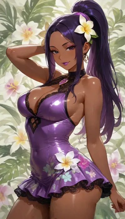 (((fluid dripping and oozing from thighs))), (((brightly lit image))), (((floral aesthetic, plumeria, tropical))), 25 year old dark skinned slut bitch Filipina girl of your dreams, purple sweetie wife with toned firm body, ((cutie sweetheart girl next door)), skirt, green white highlights on purple hair ponytail, (purple hair), ((highly detailed face, dark eyes, lipstick)), (((diverse floral background tropical orchid:1.2))), ((dress purple satin and lace slut wife, candy floral skirt dress)), 38BB medium breasts, slight cleavage, ass front view, slut wife, subtle smile, floral top, lace skirt, pose pop hip to side, (goth:.9)