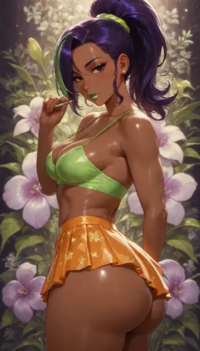 (((brightly lit image))), 25 year old dark skinned slut bitch Filipina girl of your dreams, purple sweetie wife with toned firm body, ((cutie sweetheart girl next door)), skirt, green white highlights on purple hair ponytail, (purple hair), ((highly detailed face, dark eyes, lipstick)), (((diverse floral background tropical orchid:1.2))), ((slut wife)), small medium breasts inside extremely tight purple blouse, slight cleavage, firm ass, goth
