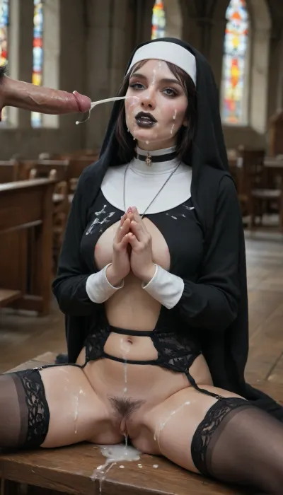 score_9, score_8_up, score_7_up, score_6_up 1girl, gothic, (((horny expression))), goth, pale skin, (pale skin), dark black eyes, (black hair), bangs hair, black eyeliner, (black lipstick), white skin, black choker, medium natural tits, extreme snatched waist, pencil waist, wide hips, hour glass body, (pubic hair:1.9), hairy vagina, choker, spiked choker, body chain, pentagram necklace, arm bracelet, (naughty nun outfit:1.8), garter belt, lace stockings, dark church, ultra high definition, 8k, perfect light, insanely detailed, oiled skin, she leans back sitting on church pew bench, spread legs, asshole visible, praying, cum covered face, (imminent blowjob:1), next to her stands a man mostly out of frame, he ejaculates cum on her face from his erect penis, cum on face, facial, cumshot, (projectile cum:1.5), (ejaculation:1.5), (cum covered:1.8), excessive cum