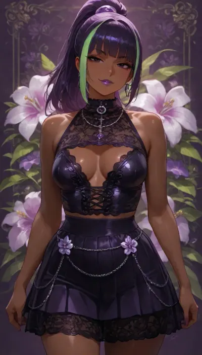 (((brightly lit image))), 25 year old dark skinned slut bitch Filipina girl of your dreams, purple sweetie wife with toned firm body, ((cutie sweetheart girl next door)), skirt, green white highlights on purple hair ponytail, (purple hair), ((highly detailed face, dark eyes, lipstick)), (((diverse floral background tropical orchid:1.2))), ((purple goth satin lace and chains slut wife)), small breasts inside extremely tight crop top, slight cleavage, ass front view, goth slut wife, subtle smile, floral top, lace skirt, pose pop hip to side