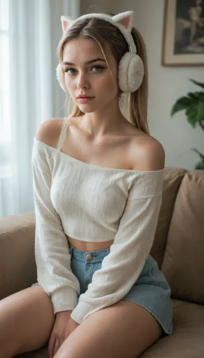 photorealistic photo of a young woman with blonde hair in pigtails, soft makeup and glossy lips, casual expression looking upward, sitting on a couch, wearing green and white cat-ear earmuffs and a white off-shoulder ribbed long-sleeve top, soft indoor lighting, sharp focus, detailed face and outfit, masterpiece, best quality, ultra realistic, 8k