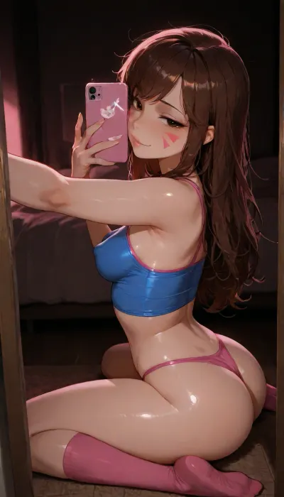 (Mirror selfie), Full body shot, from side, (d.va from overwatch), (solo), 18yo, (slutty:1.3), (small body), (petite), naked, (flat stomach), (glistening skin), (blue cropped top), (pink panties), (pink long socks), medium small breasts, round breasts, erected nipples, messy hair, (naughty face), (sexy:1.5), (sitting on floor, legs apart, ass), (gamer bedroom:1.3), (warm pink led lighting), (night time), 4ng3l, face, green, eyes, blue, brown, perfecteyes, raw, lighting, overexposed, harsh, flash, <lora:SDXL_BetterFaces-LoRA_v1:.8>, <lora:add-detail-xl:.8>, <lora:PerfectEyesXL:.8>, <lora:Rawfully Stylish v0.2_epoch_20:.8>, <lora:dark:.1>