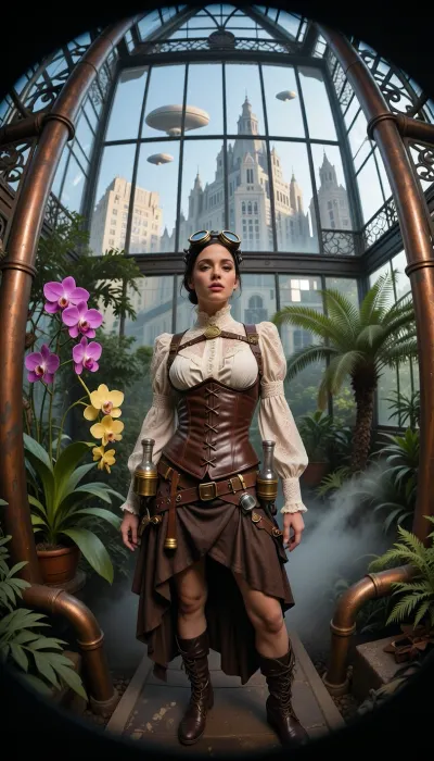 An ultra-detailed, wide-angle photograph—shot with an 18mm fisheye lens—featuring a steampunk-style female botanist inspired by the worlds of François Schuiten and Jules Verne, in a greenhouse.

She stands at the center of a gigantic, retro-futuristic 19th-century greenhouse, constructed from a complex framework of riveted wrought iron, patinated copper piping, and large, clear glass panes.

The woman wears an elaborate outfit, a structured brown leather corset with visible stitching, an ecru lace blouse with a high collar, retro brass-and-leather goggles pushed up onto her forehead, a leather harness fitted with small botanical tools and glass vials, and an asymmetrical skirt draped over buckled boots. Her instruments blend science and alchemy.

The greenhouse interior—featuring metal architecture reminiscent of Victorian railway stations—is a lush, humid tropical jungle filled with immense, brilliantly colored exotic orchids and tree ferns. Fine mist escapes from brass pipes, creating an atmospheric haze pierced by dramatic shafts of light.

Through the greenhouse's slightly fogged windows, a monumental city with dizzying architecture is visible in the background, blending steampunk aesthetics, the colossal buildings of *Metropolis*, and Bauhaus design. In the late-afternoon sky, several majestic zeppelins drift gently between spires reminiscent of those in the film *Metropolis*.

Cinematic chiaroscuro lighting, 35mm film grain, and hyper-realistic textures of glass, metal, skin, and vegetation.
