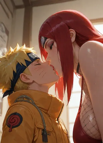 masterpiece, high detailed, (Glossy liner anime style), clear and light frame, (1 woman, Kushina Uzumaki from Naruto, long red hair, her red outfits, fishnet halter, hourglass figure body, 36 years old, eyeshadow, milf, giant woman), (1 boy, Naruto_Uzumaki, yellow hair, his yellow coat, headband with Konoha emblem, short and small boy), (mother and son, taboo relationship), woman holding back of boy's head, (height difference, giant woman and small boy), side view, below view, deep field shot, backlight, hetero, woman bend forward to kissing the boy, waist, bend over, mouth to mouth, wet kiss