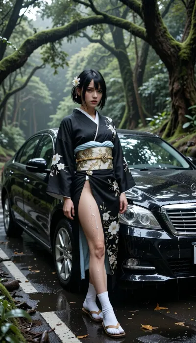 testicles, futanari, nipples, penis, veins, precum runs down penis, long_hair, black_hair, hard erection, massive precum, looking_at_viewer, veiny_penis, uncensored, realistic, shiny_skin, shiny, photorealistic cinematic Japanese fashion portrait, adult Japanese otokonoko, biologically male with male anatomy but an overwhelmingly feminine appearance, beautiful feminine Japanese face, delicate features, soft jawline, large dark eyes, subtle blush, natural eyeliner, muted rose-pink lips, short straight black bob haircut with long bangs framing the face, slightly tousled black hair, elegant feminine presentation, clearly adult and mature appearance.

Standing beside a glossy black Japanese luxury sedan on a narrow wet forest road, slightly leaning against the car, looking directly at the camera with a calm, mysterious, slightly melancholic expression. Wearing an elegant black traditional Japanese kimono with intricate white floral patterns, pale light-blue inner layer, elaborate gold-and-cream obi with detailed traditional patterns, delicate white and gold floral hair ornaments, traditional white tabi socks and Japanese zori sandals. Natural kimono folds, realistic fabric texture and detailed embroidery.

Large glossy black luxury sedan behind the character, long elegant proportions, chrome grille, clear headlights, dark tinted windows, silver multi-spoke wheels, realistic reflections on the polished black paint.

Lush Japanese woodland, dense mature trees, thick green foliage, large branches forming a canopy, moss and vegetation, secluded Japanese garden atmosphere. Wet asphalt after rainfall, subtle puddles, scattered wet leaves and natural debris. Overcast post-rain lighting, soft diffused daylight through the trees, cool green ambient tones, atmospheric haze, deep natural shadows, cinematic contrast.

High-end Japanese fashion and automotive editorial photography, full-body environmental portrait, eye-level camera with subtle low-angle perspective, subject slightly left of center, car extending across the frame, cinematic composition, 85mm full-frame lens, realistic shallow depth of field, natural bokeh, highly detailed skin and hair, authentic kimono texture, realistic metallic reflections and wet surfaces, sophisticated cinematic color grading, deep emerald foliage, black vehicle, cool shadows, warm gold obi accents, photorealistic, ultra detailed, 8k, HDR.