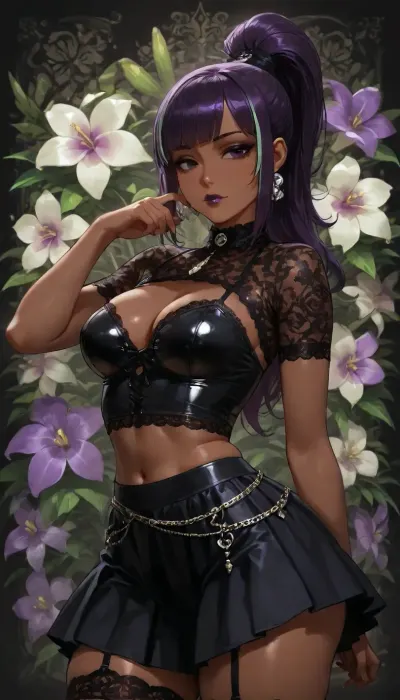 (((brightly lit image))), 25 year old dark skinned slut bitch Filipina girl of your dreams, purple sweetie wife with toned firm body, ((cutie sweetheart girl next door)), skirt, green white highlights on purple hair ponytail, (purple hair), ((highly detailed face, dark eyes, lipstick)), (((diverse floral background tropical orchid:1.2))), ((goth satin lace and chains slut wife)), small medium breasts inside extremely tight crop top, slight cleavage, ass front view, goth slut wife