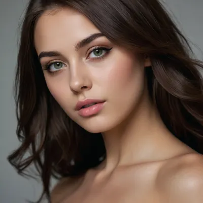 photorealistic ultra-detailed portrait of ONE adult woman only, age 24, mixed heritage with one grandparent from Syria, one from Germany, one from Yugoslavia and one from Persia, solo, identity locked
FACE, (highest priority), oval slightly long face, high forehead, fair warm-beige porcelain skin made smoother and less porous by makeup with a soft golden undertone, high cheekbones with soft warm contour, slim jaw, rounded chin
EYES, (exact match, highest priority — perfectly symmetrical pair), IDENTICAL size, shape, opening, height, one straight horizontal eye-line, even spacing from nose bridge, ~one-eye-width between inner corners, NEVER one eye smaller, higher, more hooded or more closed. Iris, large almond-shaped light green with natural texture and visible radial fibers, outer iris darker green limbal ring, pupils dark, round, medium, equal, catchlights small white specular SAME upper-center in both irises. Shape, elongated almond, horizontally wide, medium-large, slightly deep-set. Sexy glamorous makeup, medium-dark smoky eyeshadow in crease and outer V, soft lower-lid shadow, dark brown tight-line + thin upper liner with tiny outer flick, upper lashes dark mascara medium-long fanned natural curl matching L/R – face remains clearly recognizable
BROWS, dark brown, medium-thick, filled, mostly straight with low soft arch
NOSE, straight medium bridge, softly rounded tip
LIPS, full lower lip, defined cupid’s bow, soft pink satin-matte lipstick
HAIR, long silky straight dark brown with soft waves, slightly off-center part, healthy sheen, fine delicate hairs at hairline
BODY, athletic yet curvaceous, perfect modern proportions. Very large round breasts with natural soft heavy shape, delicate light pink nipples. Completely hairless smooth silky skin. Intimate area extremely tight, small, neat, delicate soft pink, looking completely unused and never touched before, highly attractive. Slim toned waist, gently flared hips, very round and very trained high juicy butt, long elegant smooth legs. Completely naked.
LOCATION & POSE, on all fours on black silk sheets, back strongly arched, looking back over her shoulder with half-lidded eyes full of lust and slightly open mouth, very round trained butt pushed high, one hand reaching back to spread her cheeks and show her very tight pink intimate area, expression of deep pleasure and invitation. Soft cinematic bedroom lighting, 85 mm, sharp focus on both eyes, ultra-detailed skin texture, masterpiece, 8k, photorealistic