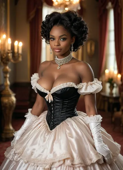 A stunningly beautiful black skinned, black haired fairytale Princess shining with Royal Pomp and Regal Splendor, (black Woman:1.8), (happy laughing face:1), (big beautiful natural saggy low hanging breasts:1.5), wearing a Stately and, (((Elaborate))), Royal Cinderella off-shoulders Ballgown of Silver and White Brocade, with, (((enormous puffed sleeves))), a stiffly boned, padded and corseted bodice, translucent dress an hourglass waist, a, (((huge crinoline hoopskirt))), and, (((bustle))), adorned with ribbons, bows, roses, lace, ruffles, frills, embroidery, and jewels, elaborately curled and styled hair, long white gloves, pearl and diamond necklace and earrings, downblouse, nipslip, <lora:RealDownblouseXL2:1>, <lora:MJ52:.4>