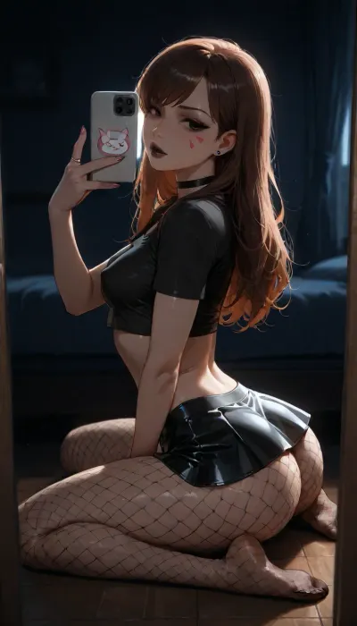 (Mirror selfie:1.3), (flash photo:1.3), full body shot, from side, (d.va from overwatch), 18yo, (slutty:1.3), (small body), (slim), (flat stomach), (pale, glistening skin), (black cropped top), (black school mini skirt), (black fishnet leggins), black choker, medium small breasts, round breasts, erected nipples, messy hair, (black makeup:1.3), naughty look, (sexy:1.5), (sitting on floor, legs apart, ass), (dark bedroom:1.3), (ring lighting:1.3), (strong frontal white light:1.5), 4ng3l, face, green, eyes, blue, brown, perfecteyes, <lora:SDXL_BetterFaces-LoRA_v1:.8>, <lora:add-detail-xl:.8>, <lora:PerfectEyesXL:.8>, <lora:dark:.3>