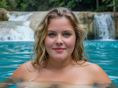 Close-up of Curvy blonde plumper swimming in front of Cascadas de Agua Azul in Chiapas. It is a whole series of turquoise-blue natural pools and waterfalls. Model face, Petite chubby face, 20yo, (fatty)