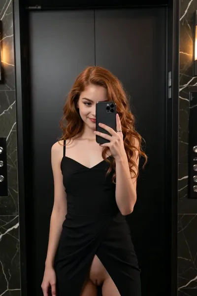 masterpiece, best quality, newest, ultra detailed, photorealistic, realistic photography, young little pretty girl taking a mirror selfie inside a modern luxury elevator, vertical composition, upper all body and waist visible, standing directly in front of the elevator mirror, body facing the mirror, head slightly turned toward the camera, relaxed natural posture, long voluminous wavy auburn copper-red hair, loose curls, center part, naturally tousled hair, warm copper highlights, realistic individual hair strands, natural eyebrows, subtle eyeliner, soft natural makeup, plamp glossy lips, gentle confident smile, holding a modern smartphone vertically in her right hand directly in front of her face, smartphone partially covering the right side of her face and one eye, phone clearly visible in the mirror reflection, fingers wrapped naturally around the phone, long almond-shaped pale pink manicure, silver ring on finger, wearing an elegant fitted black sleeveless dress with thin shoulder straps, pulled up dress, sliding to exposed pussy, (naked pussy slipped out:2), subtle V-neckline, black fabric, form-fitting silhouette, realistic fabric texture, dark luxury elevator interior, large rectangular mirror, black matte elevator doors directly behind her, dark green-black marble walls with subtle natural stone veining on both sides, black metal trim, minimalist high-end hotel elevator, symmetrical architecture, warm dim tungsten lighting, soft amber highlights on the hair and skin, subtle shadows, cinematic low-key lighting, realistic reflections in the mirror, physically accurate lighting, natural skin texture, visible pores, realistic complexion, camera perspective matching a smartphone mirror selfie, eye-level camera, slightly wide smartphone lens, natural perspective, subject centered slightly left of frame, realistic smartphone photograph, subtle depth of field, high dynamic range, photographic realism, detailed marble texture, realistic mirror reflection, no studio look