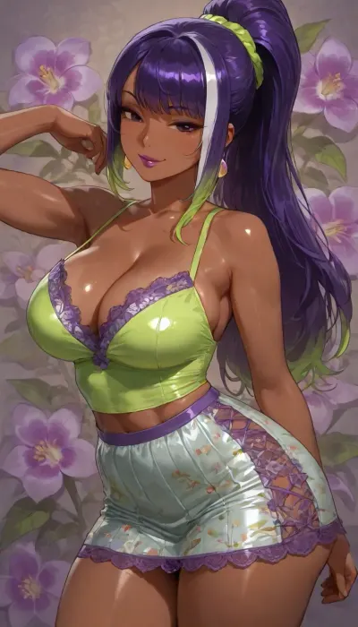 (((brightly lit image))), 25 year old dark skinned slut bitch Filipina girl of your dreams, purple sweetie wife with toned firm body, ((cutie sweetheart girl next door)), skirt, green white highlights on purple hair ponytail, (purple hair), ((highly detailed face, dark eyes, lipstick)), (((diverse floral background tropical orchid:1.2))), ((purple satin and lace slut wife)), 38BB medium breasts, slight cleavage, ass front view, slut wife, subtle smile, floral top, lace skirt, pose pop hip to side
