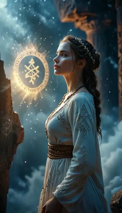 (Dark Fantasy Artwork), artistic, low angle, side view, 35 yo, belle caucasian female, ancient circular runic emblem, glowing white runes, inscribed on a mystical dark celestial background, floating in a cosmic void, surrounded by swirling ethereal nebula clouds and light dust particles, soft volumetric lighting, mysterious atmosphere, germanic mythology aesthetic, intricate runic carvings, glowing white light, dark mood, deep shadows, high contrast, ethereal, mystery, mystical fog, natural beauty, Khaba_Babes, <lora:COMFYUI_mimic_landscape_-_XL_SDXL v2.0:.1>, <lora:MJ52:.1>