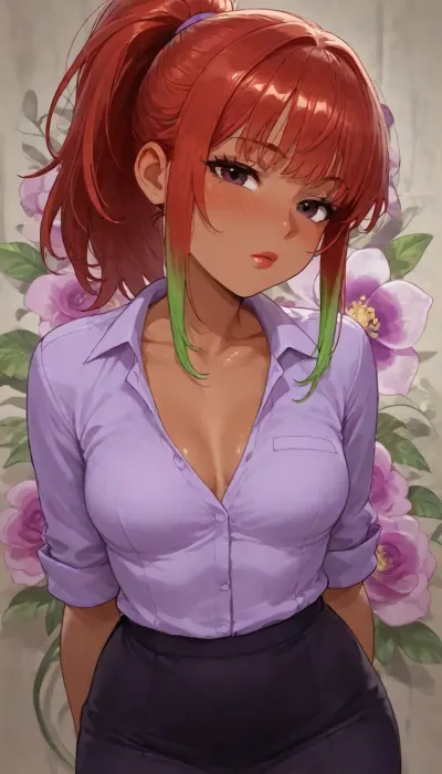 (bright image), 25 year old dark skinned Filipina, purple sweetie wife with toned firm body, ((cutie sweetheart girl next door)), skirt, green highlights on red hair ponytail, slight hint pink panties, ((highly detailed face, dark eyes, lipstick, blush)), (((diverse floral background rose tropical orchid:1.2))), ((slut office worker secretary)), small breasts inside tight office purple blouse