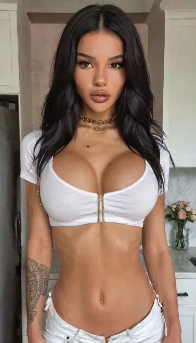 Standing in kitchen, big fake tits, big round ass, close up, ((seducing)), white tee and jeans, anorexic, photoshoot posing, ballerina, ((19yo old woman)), handcuffed, choker, tattoos, sexy neck, (tan skin), (fit body:1.3), (beautiful Cuban black hair instagram model face), (fit body), very beautiful, perfect skinny body, perfect face, looking at the camera, perfect eyes, (skinny fit), pretty, snub-nosed, long hair, <lora:clothed_small:1.8>, 4ng3l, face, <lora:SDXL_BetterFaces-LoRA_v1:.8>, Dollskill, <lora:Dollskill_Downbeat_Spiked:.8>, bmbplora, <lora:bimboxl_02:.8>